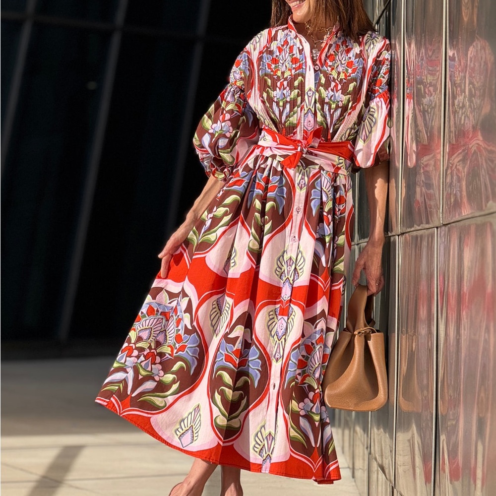 marielle stokkelaar Vibrant Floral Puff-Sleeve Maxi Dress in Red & Lavender